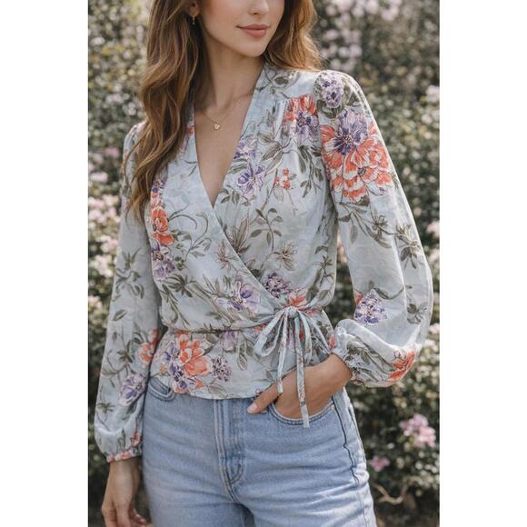Nanette Lepore Tops - Nanette Lepore Floral Wrap Blouse Blue Pastel Long Sleeve Romantic Boho TopSmall